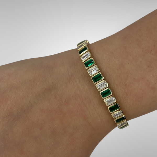 Beautiful Sleek Bezel Style Dark Green Emerald & Moissanite Tennis Bracelet Her