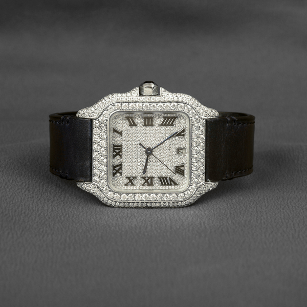 Luxurious Square Analog Dial Display Half Iced out VVS1 Moissanite Diamond Watch Black Leather Belt Mechanical watch for Men