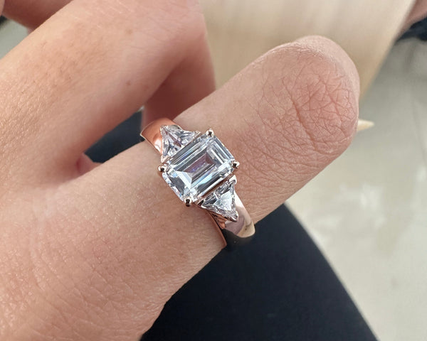 Three Stone Engagement Ring Emerald & Trilliant Cut Moissanite Wedding Anniversary Ring