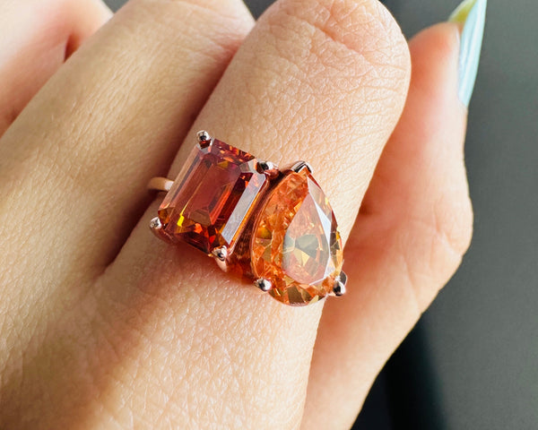 Dark Brown CZ Diamond Ring Champagne Pear & Emerald Cut Toi Et Moi Engagement Ring