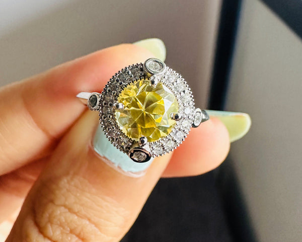 Round Cut CZ Engagement Vintage Wedding Ring Canary Yellow Diamond Halo Ring Her