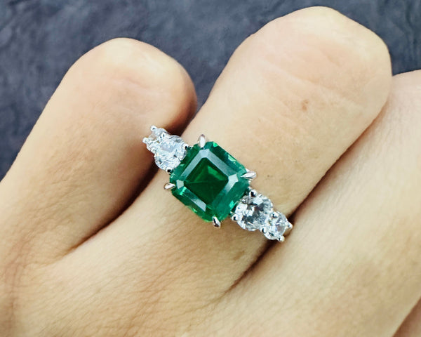 Green Asscher Cut Diamond Ring 18K Gold Five Stone Engagement Ring With CZ Diamond