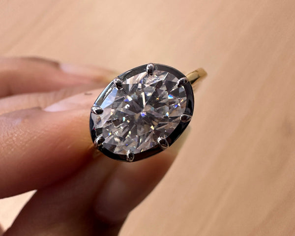 Black Rhodium Bezel Set Solitaire Ring White Oval Moissanite East West Engagement Ring