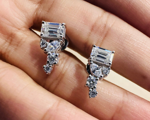 2 CTW Emerald Cut Moissanite Earrings Solid Gold Cluster Studs For Her