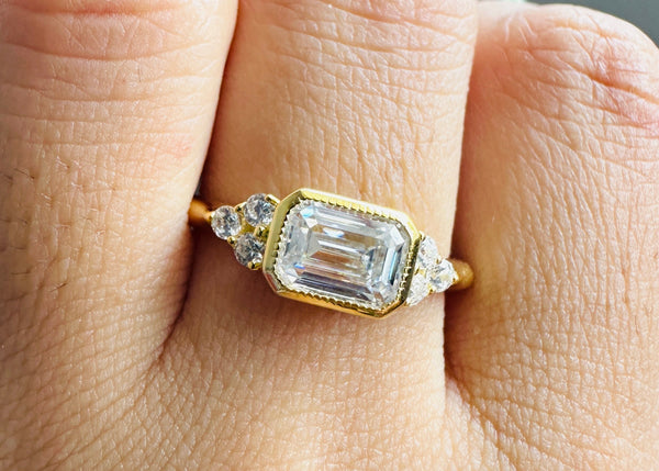 Bezel Set Moissanite Cluster Wedding Ring East West Emerald Cut Engagement Ring