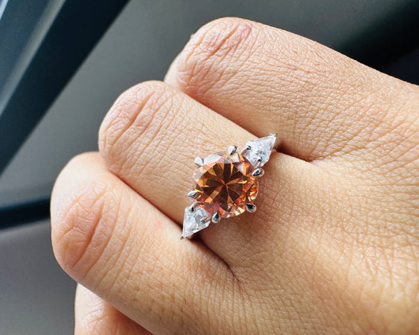 Champagne Diamond 3 Stone CZ Ring Brown Round Diamond Engagement Ring Her