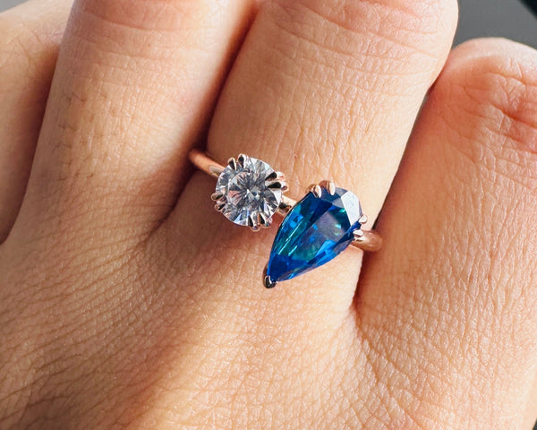 Blue Pear & Round Brilliant Cut CZ Diamond Engagement Ring Sapphire Toi Et Moi Ring