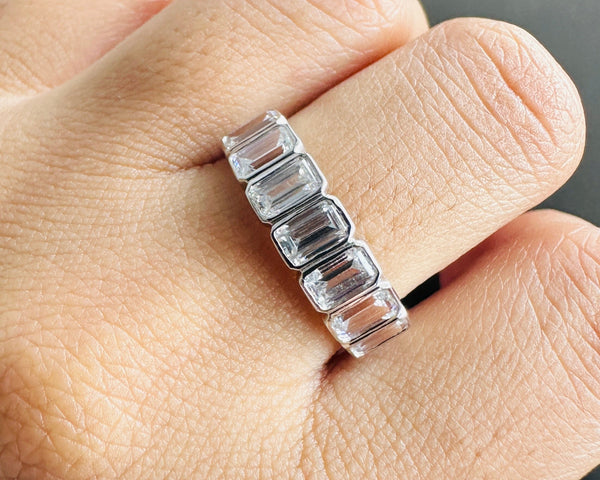 Bezel Set 7 Stone Emerald Cut Moissanite Eternity Wedding Band For Women