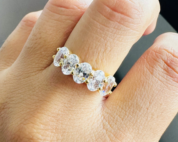 18K Solid Gold Stacking Band Oval Moissanite 5 Stone Eternity Wedding Band