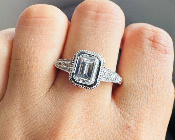 Antique Emerald Cut White Moissanite Ring Vintage Art Deco Engagement Ring