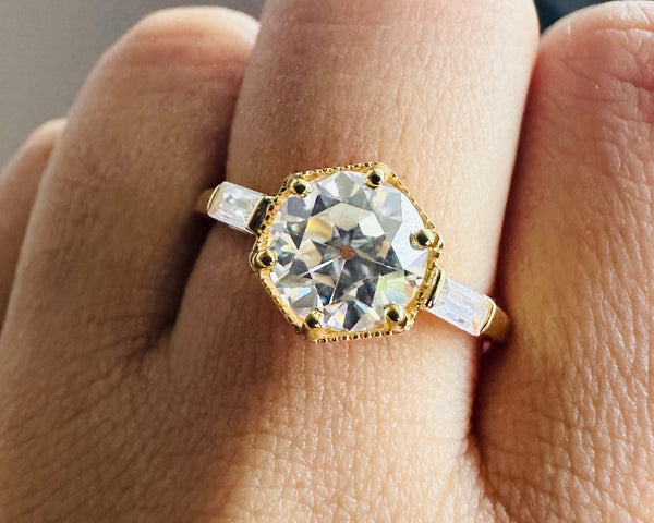 Vintage Old European Cut Moissanite Engagement Ring Round 3 Stone Ring For Her