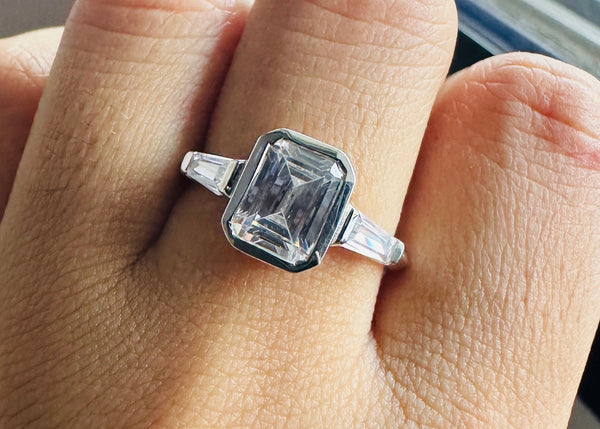 Bezel Set Emerald Cut Moissanite Three Stone Engagement Ring in 18K Solid Gold