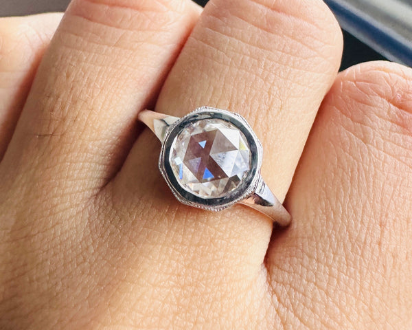Solitaire Rose Cut Moissanite Ring Bezel Set Round Engagement Ring in 18K Gold