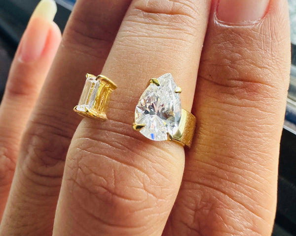 Unique Open Band With Pear & Emerald Cut Moissanite Anniversary Gift Ring Her