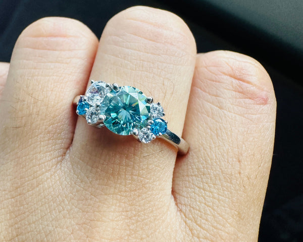 Cluster Blue Moissanite Engagement Ring Round Cut 18K Gold Wedding Ring Her