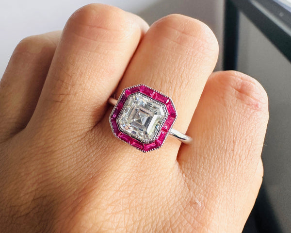 Asscher Cut Moissanite Unique Square Halo Vintage Engagement Ring For Her
