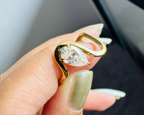 Pear Cut Solitaire Modern Sea Wave Engagement Ring 18K Gold Unique Promise Ring
