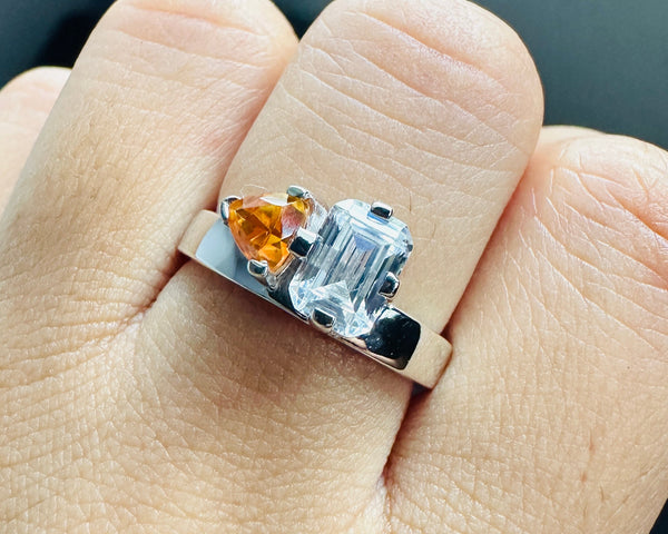 Brown Trillion & White Emerald Moissanite Chunky Band 2 Stone Wedding Ring in Gold