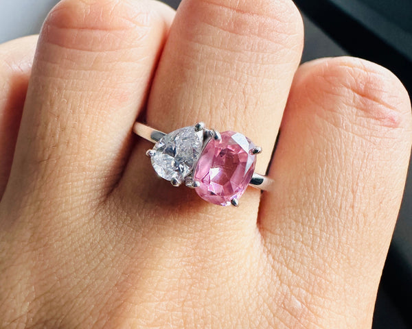 Toi Et Moi CZ Diamond Ring Pear White & Cushion Pink Diamond Wedding Promise Ring