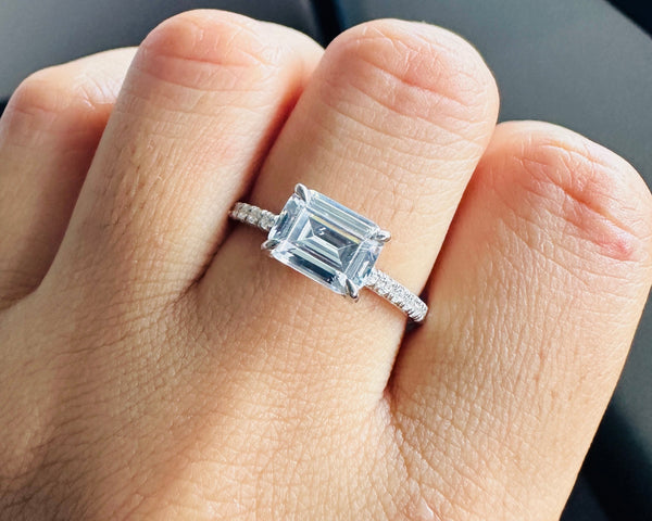 East West Emerald Cut Moissanite Engagement Ring Hidden Halo Wedding Ring