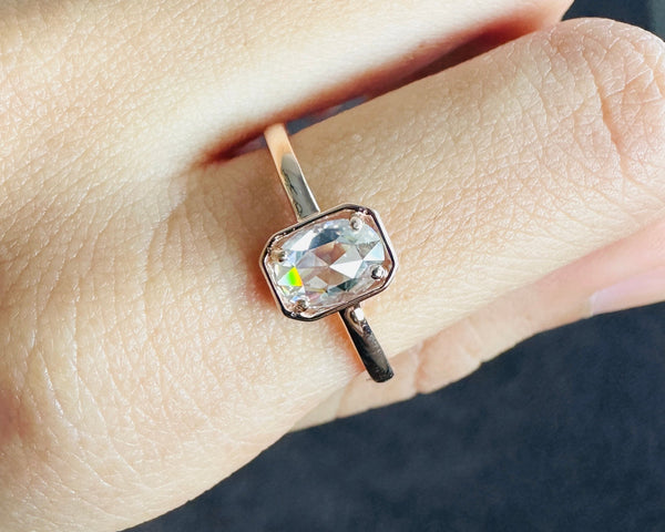 Rose Cut Solitaire Ring Bezel Set Oval Moissanite Engagement Ring in 18K Gold