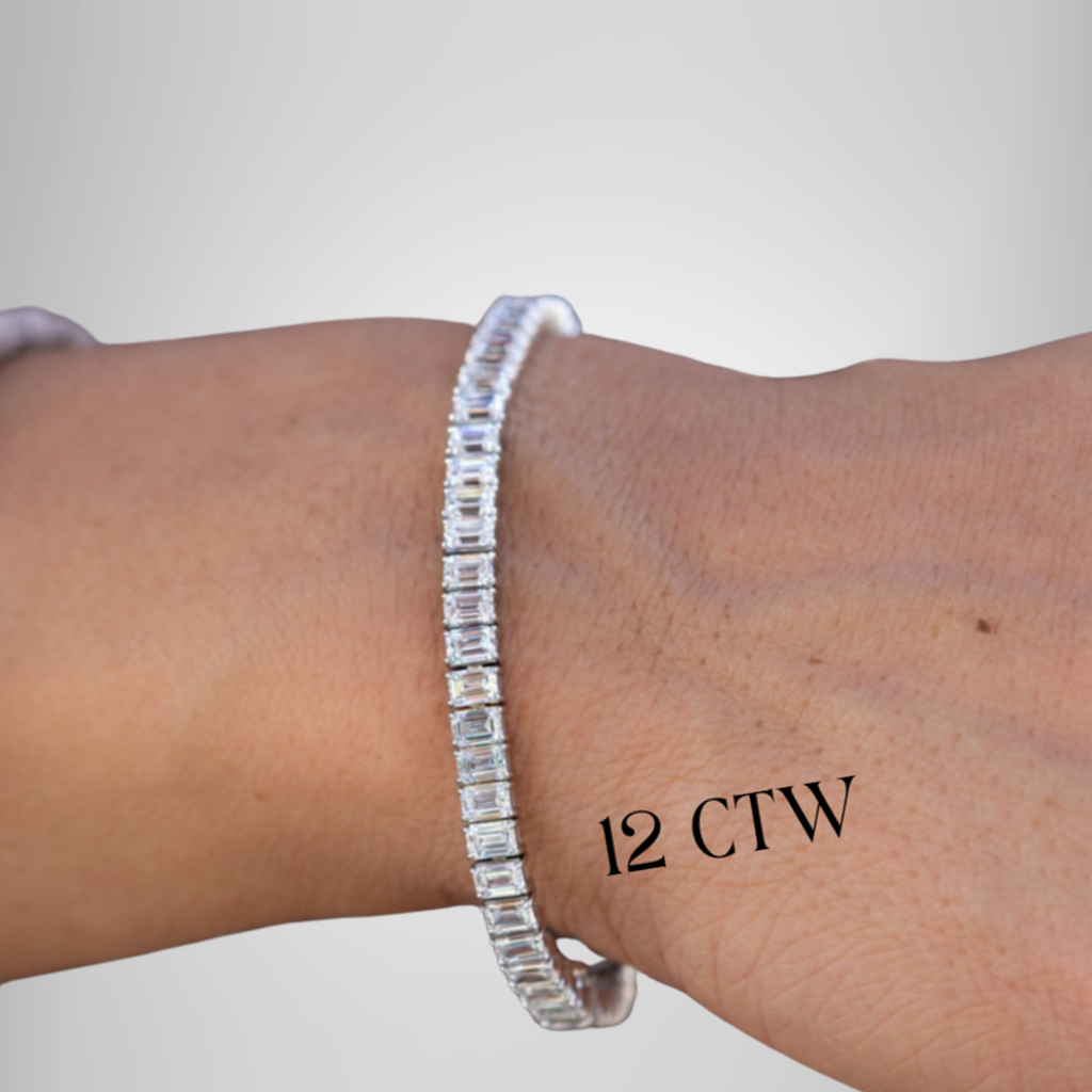 12.0 CTW White Emerald Cut Moissanite Sterling Silver Tennis Bracelet For Women's