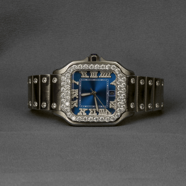 Luxurious Half Iced Moissanite Diamond Watch Blue Square Analog Dial Black Leather Belt Hip Hop Style Mechanical Fashion watch for Man