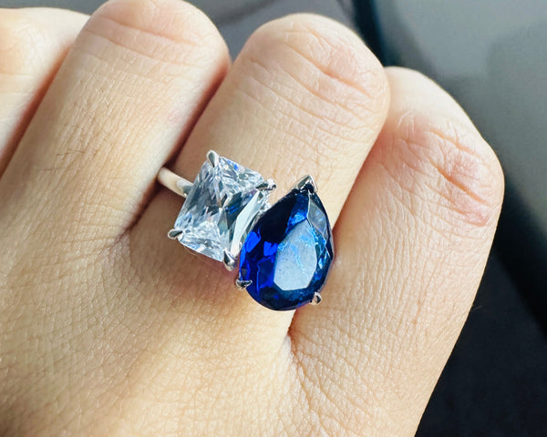 Radiant & Blue Pear Cut Cubic Zirconia Engagement Ring 18K Gold Toi Et Moi Ring