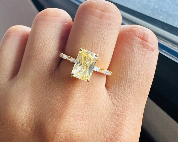 Canary Yellow Diamond Engagement Ring Radiant Cut CZ Diamond Ring in 18K Gold