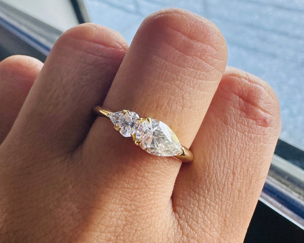 Three Stone Moissanite Wedding Ring 18K Solid Gold East West Engagement Ring