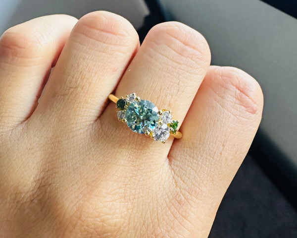 Cluster Moissanite Ring Green Round Brilliant Cut 18K Gold Engagement Ring Her