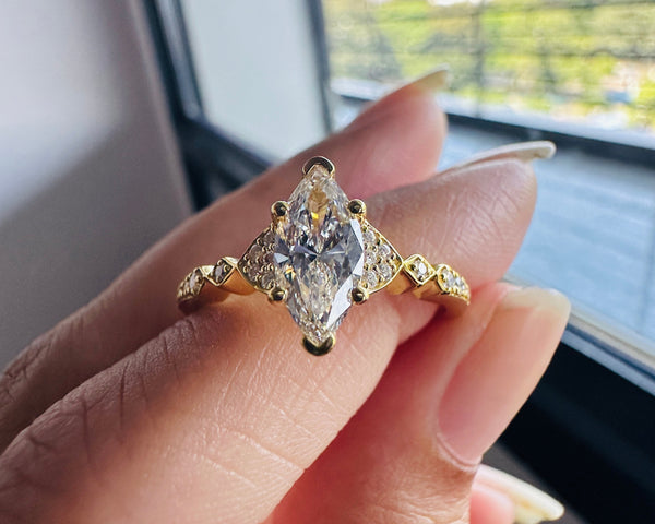 Marquise Cut Moissanite Ring 18K Solid Gold Vintage Design Engagement Ring