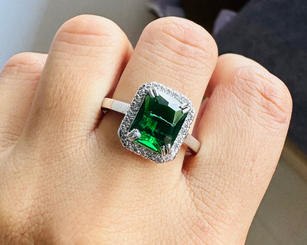 Dark Green CZ Diamond Engagement Ring 2.50 Carat Emerald Cut Halo Wedding Ring