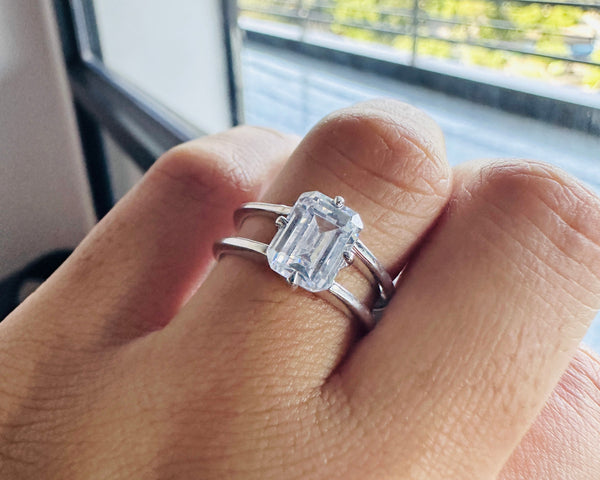 Solitaire Moissanite Engagement Ring 2.0CTW Emerald Cut Double Band Ring