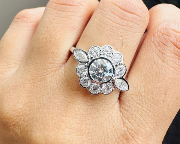 Bezel Set Round Cut Moissanite Beautiful Floral Minimalist Engagement Ring Her