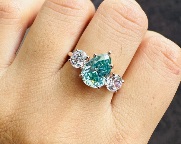 Blue Pear Cut Moissanite Three Stone Ring 18K Solid Gold Engagement Ring