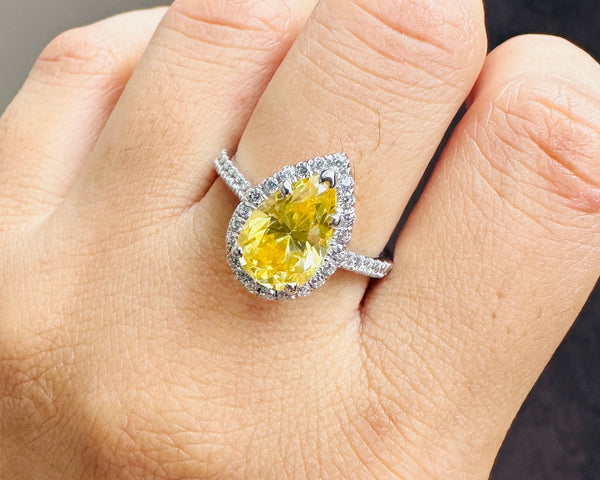 Yellow Diamond Engagement Ring Pear Cut Halo CZ Diamond Women Ring