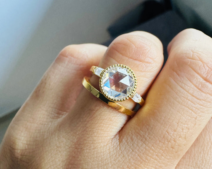 Rose Round Cut Moissanite Three Stone Ring With Simple Band Wedding Ring Set