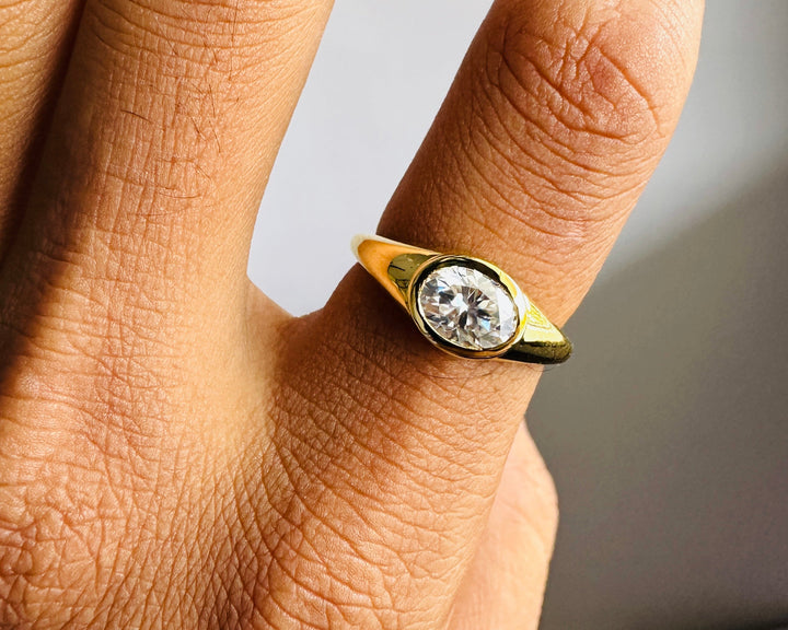 East West Oval Moissanite Engagement Ring For Men's Bezel Set Solitaire Ring Him