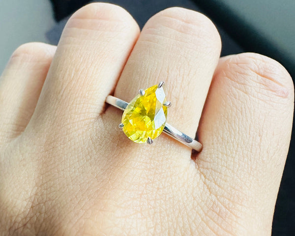 Solitaire Fancy Diamond Ring Canary Yellow Pear Cut CZ Engagement Ring Her