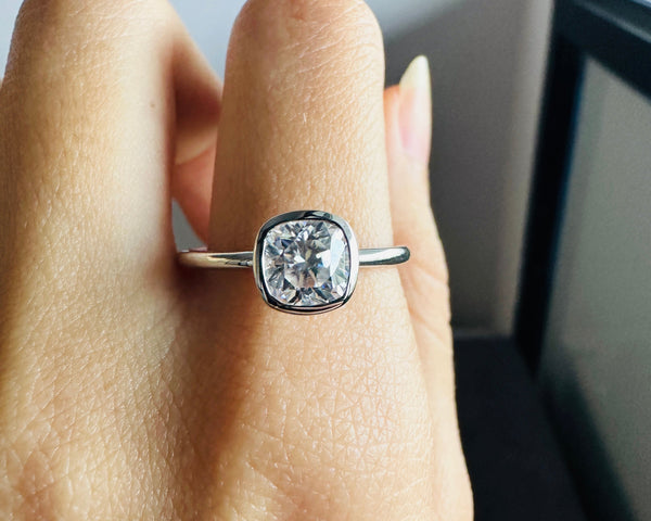 Solitaire Cushion Cut Moissanite Engagement Ring Bezel Set 18K Gold Promise Ring