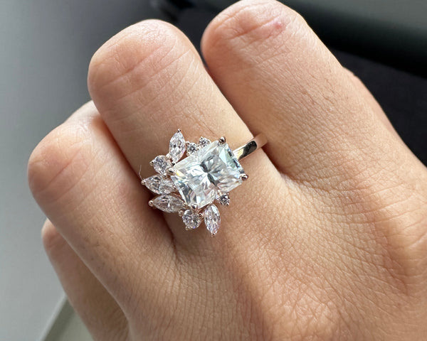 Radiant Cut Moissanite Art Deco Engagement Ring 18K Solid Gold Wedding Ring