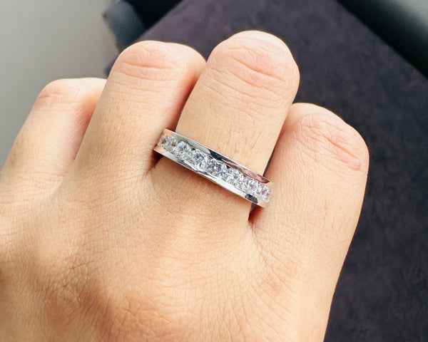 Channel Set Moissanite Eternity Wedding Band 18K Gold Round Eternity Band