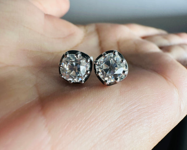 6 mm Old Mine Cut Cushion Moissanite Stud Earrings Black Rhodium Bezel Studs