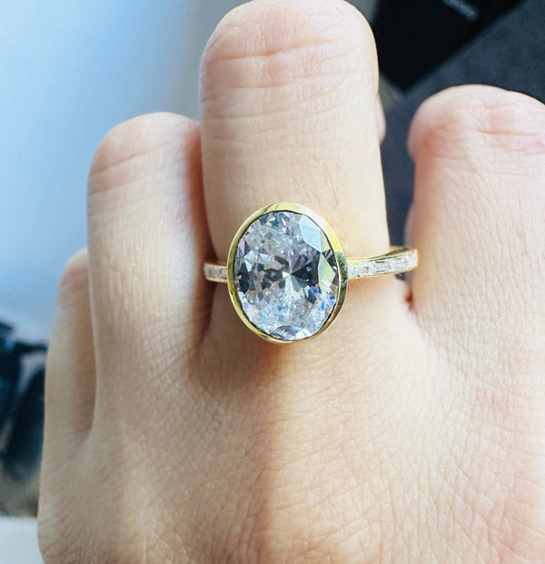 Bezel Set Oval Cut Moissanite Ring 18K Solid Gold Classic Wedding Proposal Ring