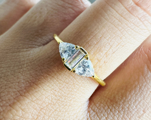 Baguette & Trilliant Cut Moissanite Dainty Ring Three Stone Engagement Ring in Gold