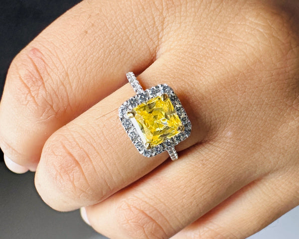 Halo Set Wedding Ring Yellow Princess Cut CZ Diamond Engagement Ring Her
