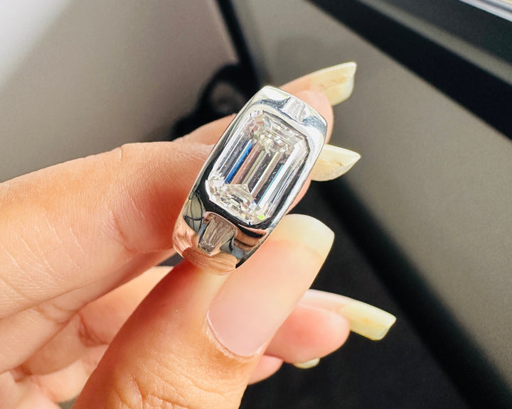 Emerald Cut Moissanite Engagement Ring Him Wide Band Men's Wedding Ring