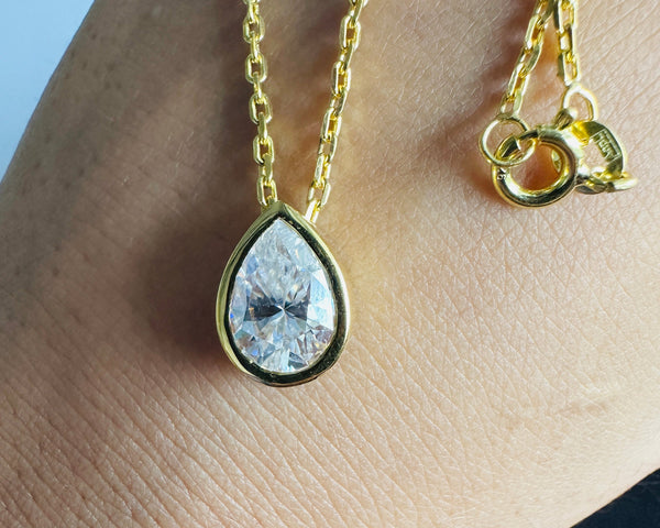 2 CTW Pear Cut Solitaire Pendant Bezel Set Yellow Gold Teardrop Necklace Her