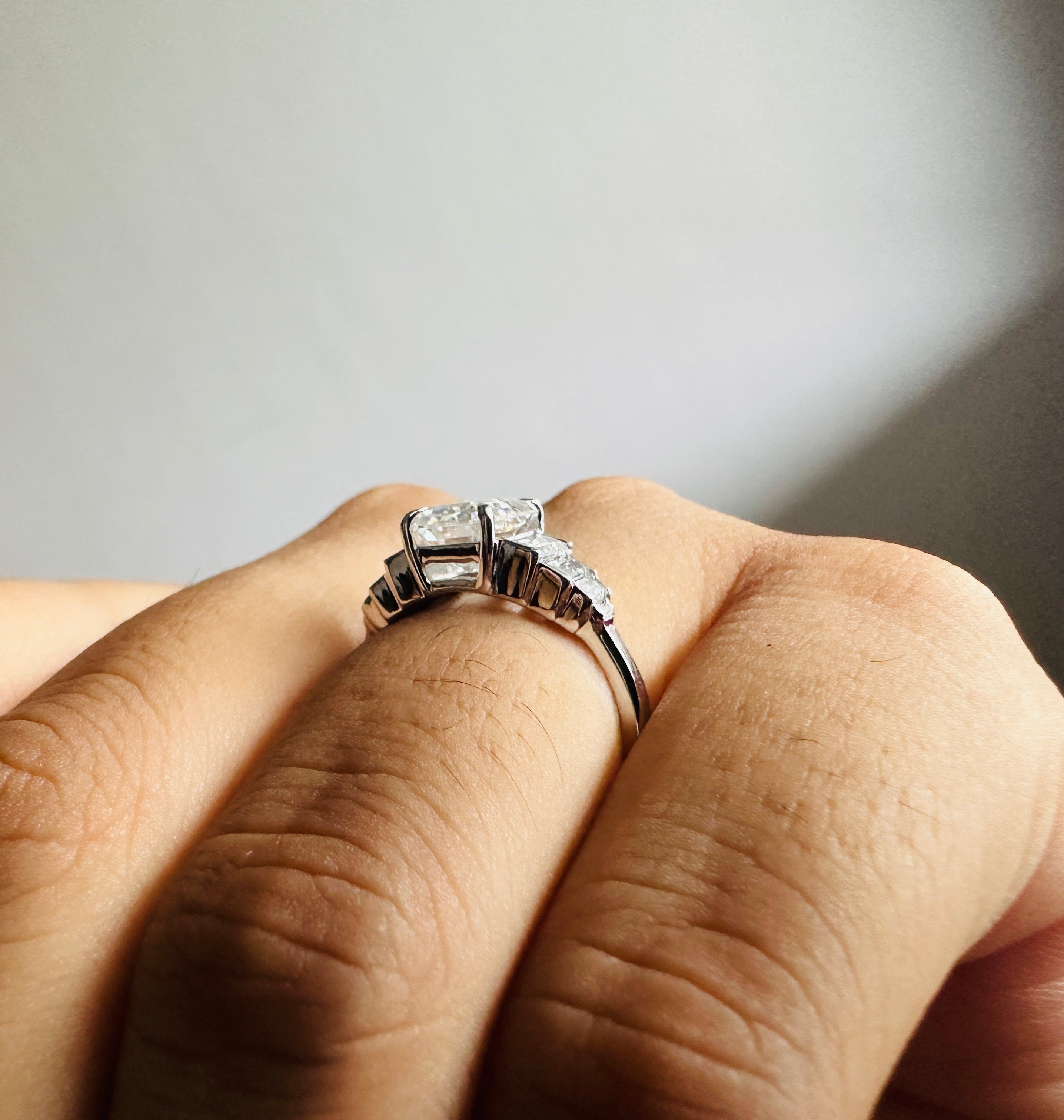 18K Gold Emerald Cut Moissanite Engagement Ring With Side Baguette Accents